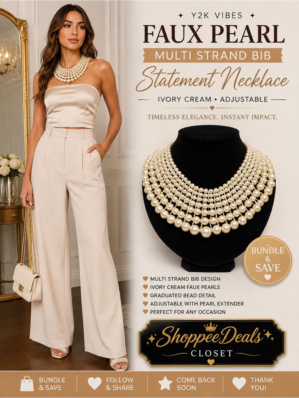 Faux Pearl Multi Strand Bib Statement Necklace Ivory Cream Adjustable